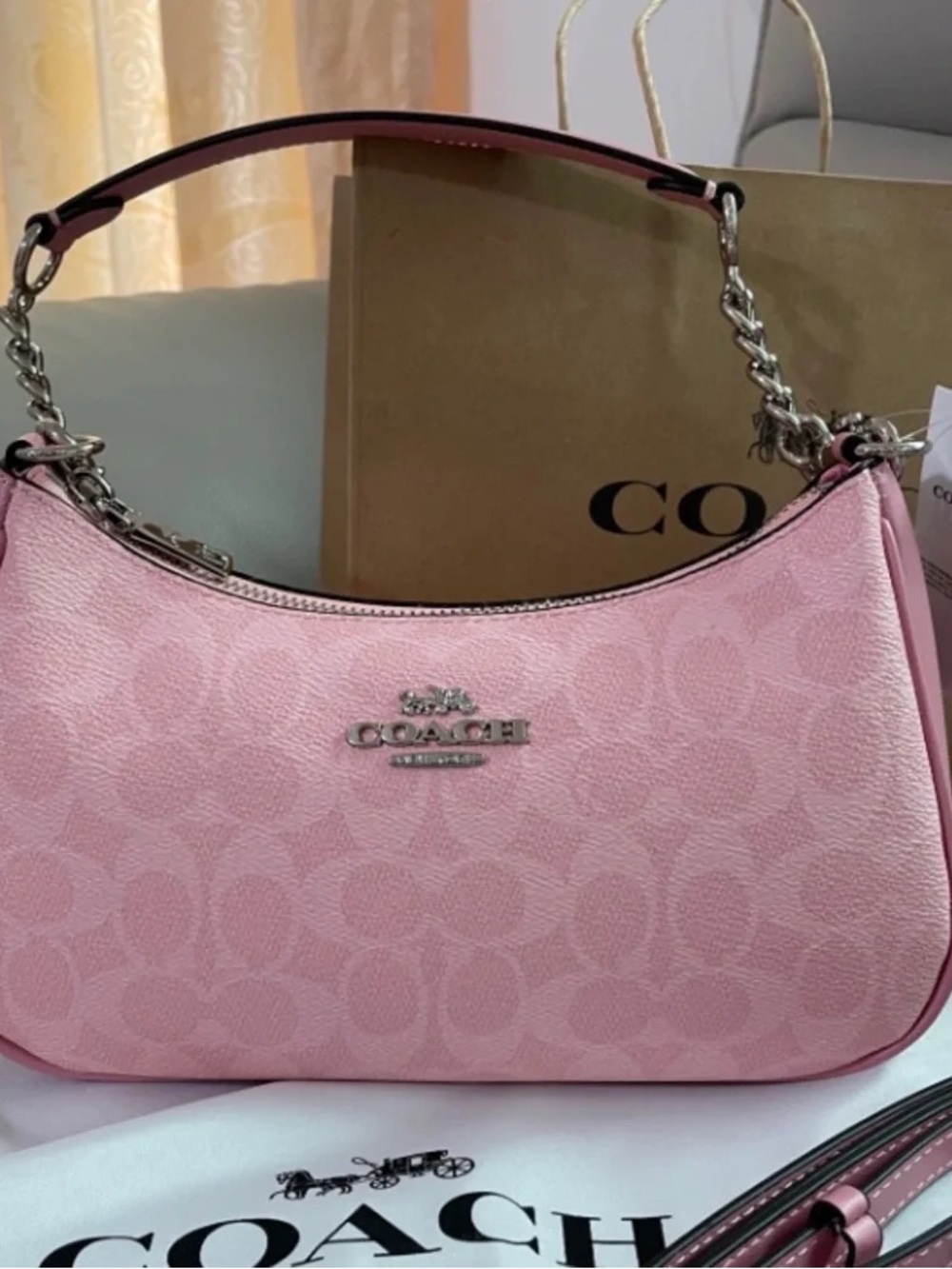 Coach Pink Signature Mini Shoulder Bag with Chain Strap